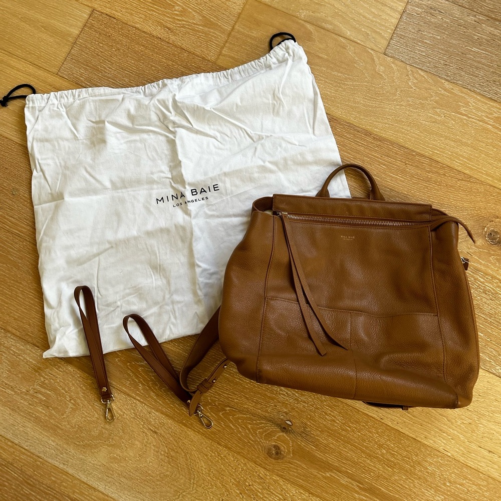 Mina Baie Full Size Leather Harper Diaper Bag, Backpack, Tan